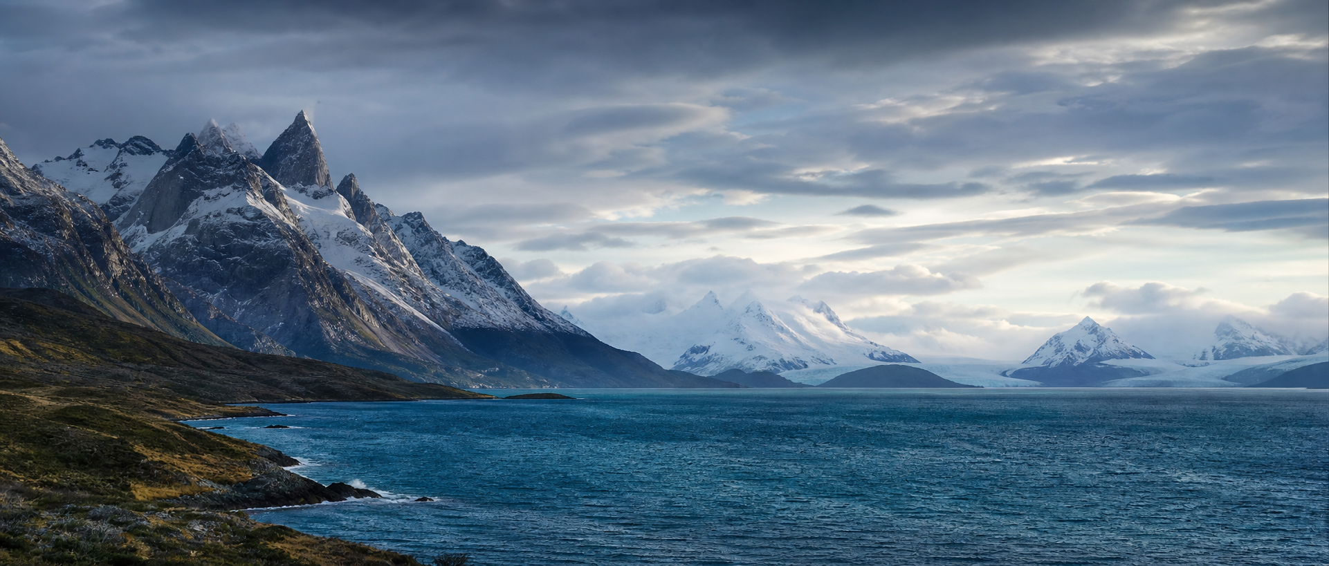 A cold southern landscape with water, mountains, snow, and open sky